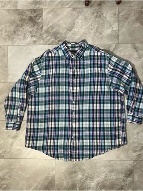 Plaid Button-Down Long-Sleeve Shirt in Teal Blue Oak Hill Mens Shirt 2XL Linen